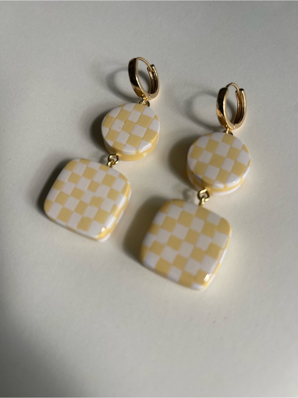 Yellow and White Check Dangle Hoop Earrings - Gold Tone
